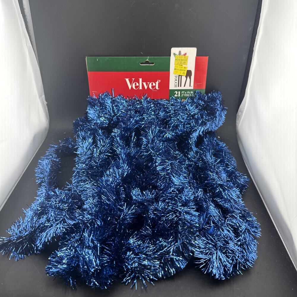 Vintage Velvet Touch Blue Tinsel Christmas Garland Decor 21 Feet Metallic